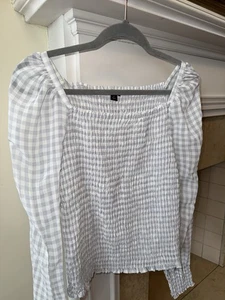 Ann Taylor Long Sleeved Gingham Square Neck Smocked Top Sz Medium Tall - Picture 1 of 8