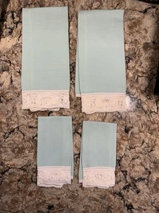 Vintage Set Linen Baby Blue & White Lace Fingertip Guest Tea Towels - Picture 1 of 9