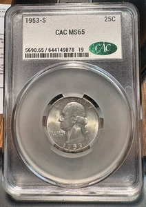 1953-S 25C Washington Quarter CACG MS65 Gem  - Picture 1 of 2