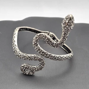 VTG Rhinestone Encrusted Snake Bracelet 8" Silver-Tone Wrap Hinged Textured - Picture 1 of 7