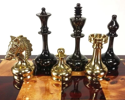 Real Brass Metal Black & Gold Staunton Bridled Knight Chess Men Set - NO Board - Image 1 of 4