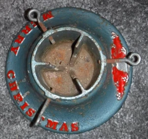 Cast Iron Vintage Christmas Tree Stand -LIVE TREE - FRONT MERRY CHRISTMAS /BELL - Picture 1 of 5