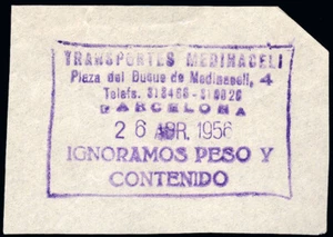 España - Recadero - 1956 - Tampón "Transportes Medinaceli - 26/4/56 - Barcelona  - Picture 1 of 1