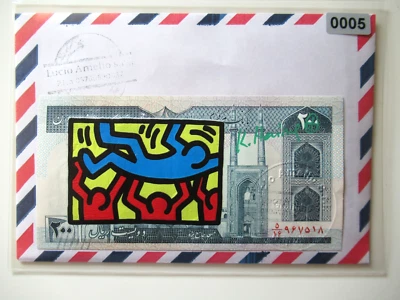 KEITH HARING: Banknote von HARING,  signiert, skizziert mit Amtl. USPS-Stempel - Bild 1 von 4