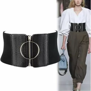 Women's Ultra Wide Belt Zip Elastic Circle Ring Waist Strap - Picture 1 of 7