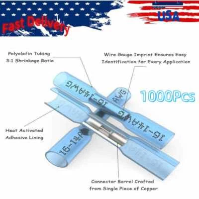 1000PCS Blue Heat Shrink Wire Connector Butt Splice Terminal Waterproof 16-14AWG - Image 1 of 4