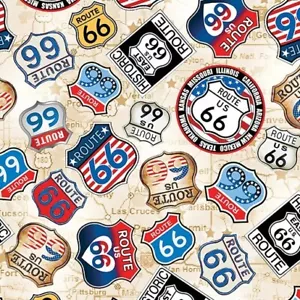 Benartex America's Highway by Kanvas Studio 14725 07 hellbraun Route 66 Schilder Baumwolle - Bild 1 von 1