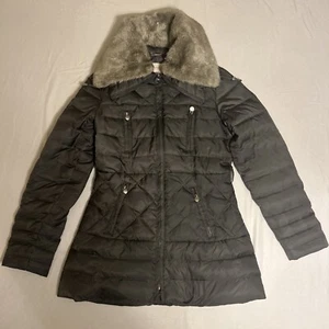 Laundry By Shelli Segal Women’s Small Gray Down Puffer Coat Hood Faux Fur No Blt - Picture 1 of 14