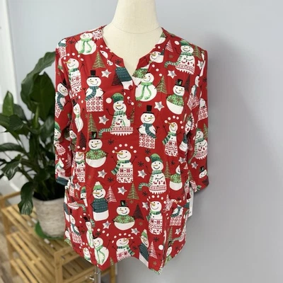 NWT Buttersoft Christmas Scrub Top XL Red Snowmen 3/4 Sleeve Henley Scrubs Nurse - Image 1 of 4
