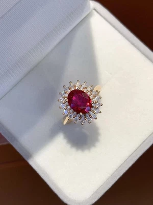 14K Solid Yellow Gold Bridal Ring, Red Ruby Oval Cut Diamond Ring in 4.60 Ct - Image 1 of 4