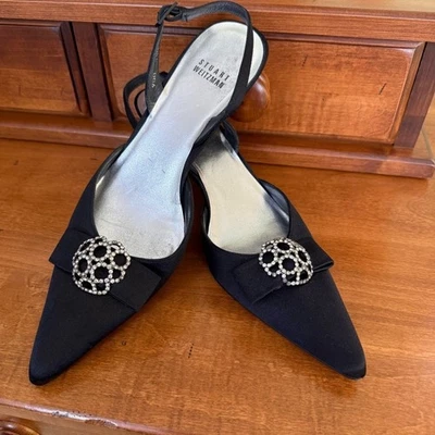 Stuart Weitzman Black satin kitten heels rhinestone bow pointed toe women 8.5 - Image 1 of 4