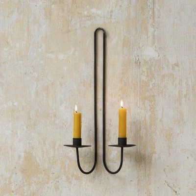 Wall Hung Candle Sconce, Metal Taper Dinner Candleholder, Rustic 2 Arm Holder - Image 1 of 4