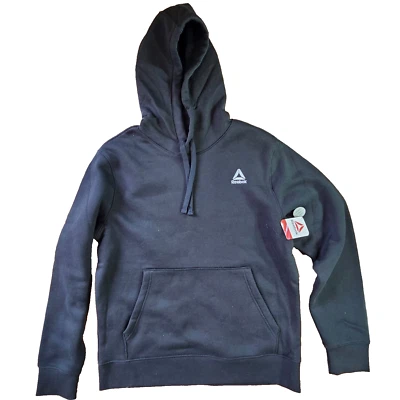 Reebok Hoodie Mens Med Logo Fleece Pullover Sweatshirt Black Kangaroo Pocket NEW - Image 1 of 4