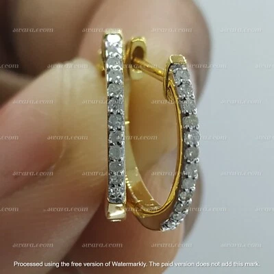 0.12CT Natural Diamond Small Hoop Huggies Earrings 14K Yellow Gold Plated Silver - Image 1 of 4