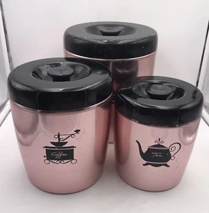 MCM West Bend Aluminum Canister Rose Copper Set of 3 Black Lids Clean Vtg Retro - Picture 1 of 12
