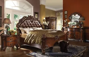 ON SALE - Traditional Cherry Oak 5 piece Faux Leather Queen King Bedroom Set AA9 - Picture 1 of 5