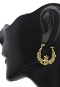 14K Real Yellow Solid Gold Claddagh Hollow Hoop Earrings 18.2 mm 0.7g - Picture 1 of 6