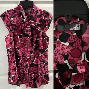 Love Moschino Ladybug Blouse Top Silk Ribbon Tie 4 Pink Black Cap sleeve $398 - Picture 1 of 5