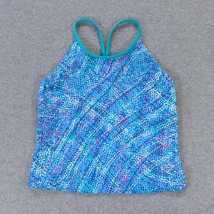LL Bean Girls Swim Top 16 Blue Teal Pattern Tankini Bathing Suit UPF Sun Lined - Picture 1 of 7