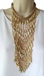 NWT CHICO'S COLLECTIBLES Gold Bead Stone DANGLE PENDANTS Bib COLLAR Necklace - Picture 1 of 4