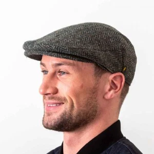 Irish Tweed Flat Cap Hat from Ireland Donegal Tweed Dark Green Herringbone weave - Picture 1 of 2