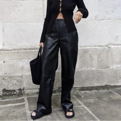 Zara Wide Leg Faux Leather Pants Size Medium Carpenter Utility Style Black NWT - Image 1 of 4