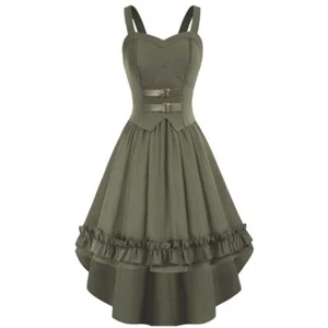 Scarlett Darkness Green S Women's Steampunk High-Lo Ruffled Hem A-Line Dress - Picture 1 of 10
