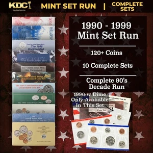 1990-1999 Decade US Mint Set Run - 120+ Coins, 10 Sets Including 96-w Dime OGP - Picture 1 of 11