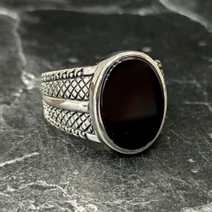 Silver Oval Shiny Onyx Stone Ring , Men Silver Black Onyx Gemstone Ring - Picture 1 of 8