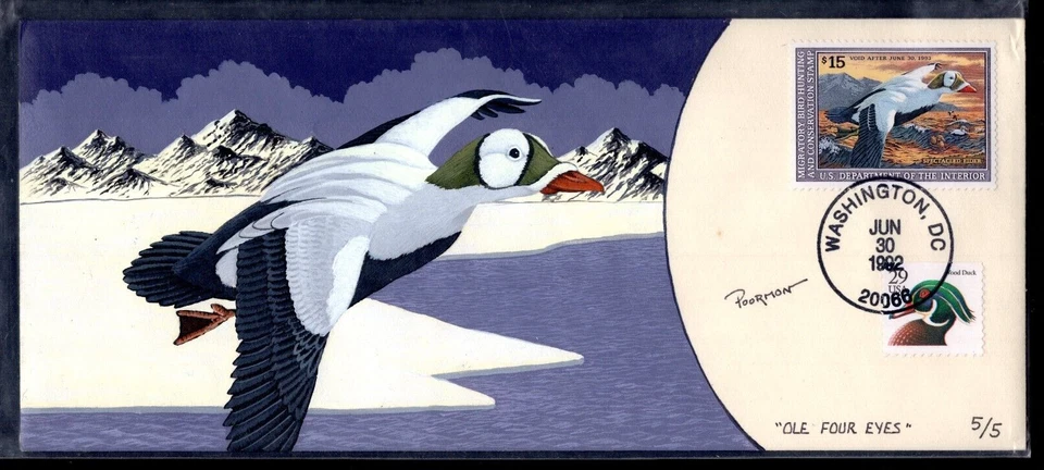 US 1992 $15 FEDERAL DUCK HUNTING STAMP FDC HAND-DRAWN CACHET SIGNED BY ARTIST - Image 1 of 2
