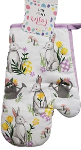 1 Printed Kitchen Oven Mitt (7" x 10") EASTER BUNNIES & FLOWERS, purple back, MI - Picture 1 of 12