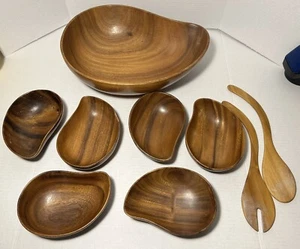 Kiln Dried Monkey Pods Wood Flower Shaped Salad Bowl Set 1 Large & 6 Small Bowls - Picture 1 of 10