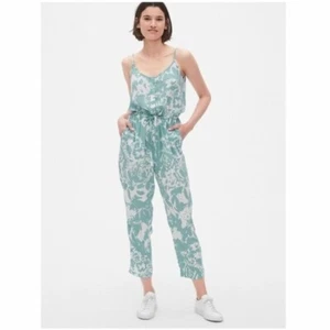Gap Women’s Tie Waist Blue White Floral Boho Spaghetti Strap Jumpsuit, Size XSP - Picture 1 of 7