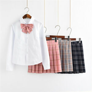 JK High School Uniform Wear Long Sleeve Girl Plaid Skirt Costume Pink 3 Color