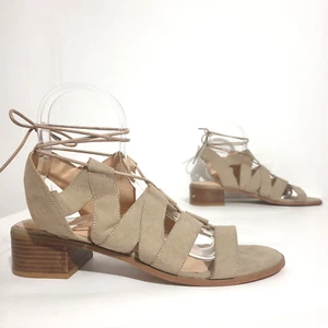 AS NEW Luoika Shoes Sz 11.5 Taupe Brown Sandals Strappy Lace Up Low Block Heels - Bild 1 von 13