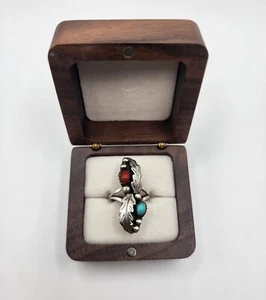 Unisex Native American Navajo Coral Bead Feather Turquoise Sterling Ring Sz 5.5 - Picture 1 of 5