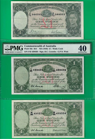 Australia ND(1938-52) 3 signature varieties pounders, P26a,c&d, VF to PMG XF*40* Cover
