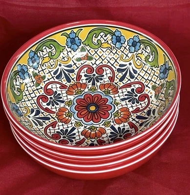 Juego de 4 cuencos de melamina diseño medallón azulejo español il mulino Rojo Foto 1 de 4
