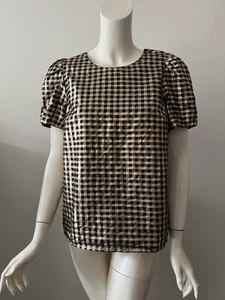 Blusa Top J Crew Negra Dorada Metálica a Cuadros Manga Abullonada Arrugada M NUEVA SIN ETIQUETAS - Imagen 1 de 5