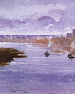 Imagen en acuarela de Georgia 1994 impresión vintage Savannah Harbor Morning Tug Boats Foto 1 de 3