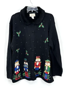 UGLY CHRISTMAS SWEATER CARDIGAN nutcrackers mistletoe party embroidered 1X - Picture 1 of 9