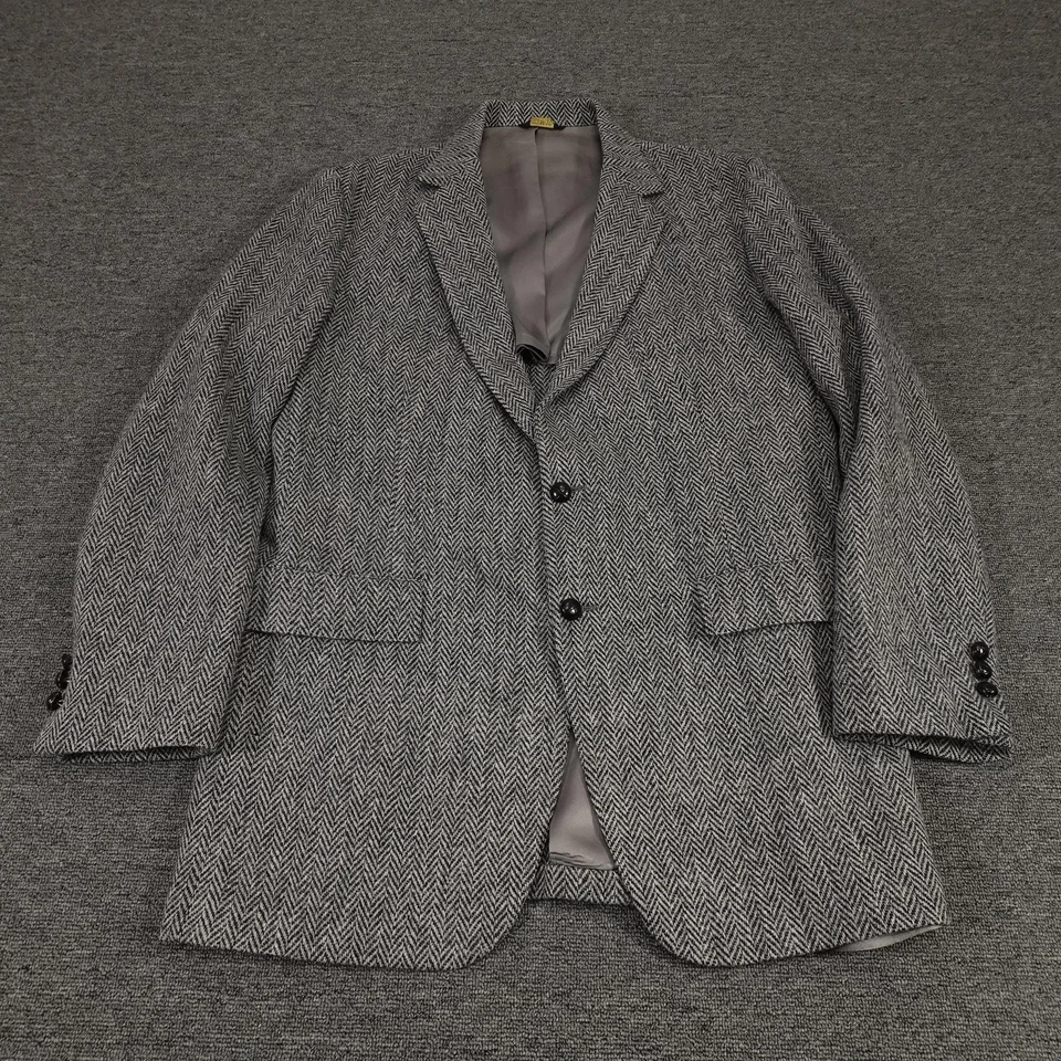 Casaco esportivo vintage Harris tweed blazer masculino 43L cinza lã espinha de peixe anos 80 - Imagem 1 de 4