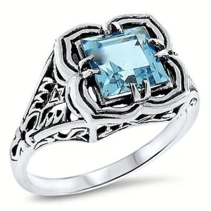 CLASSIC ART DECO STYLE GENUINE BLUE TOPAZ 925 STERLING SILVER FILIGREE RING #703 - Picture 1 of 4