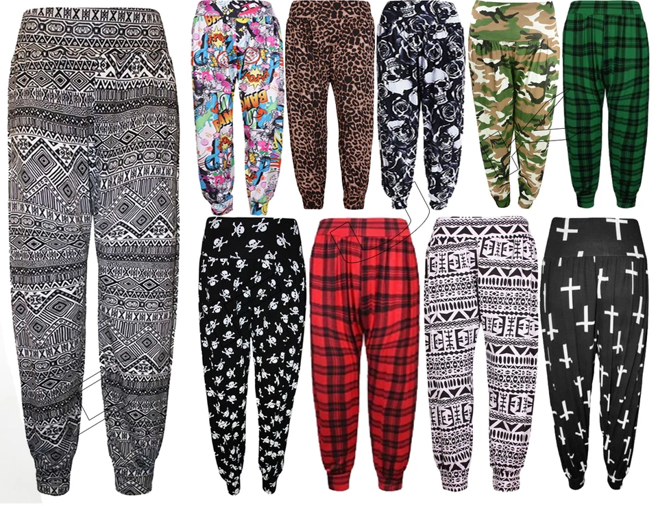 LADIES  NEW HAREM  AZTEC/SKULL/TARTAN/COMIC PRINT FULL LENGTH BAGGY TROUSERS - Image 1 of 1