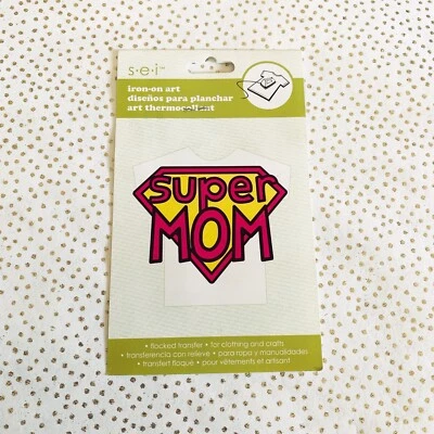 S.E.I. Iron On Art “Super MOM” Flocked, Pink Yellow, Approximately 3.5” x 2 7/8” - Image 1 of 3