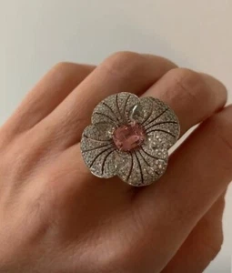 Pretty Four Leaf Petal Flower Design 2.84 TCW Peach Tourmaline & Sapphire Ring - Picture 1 of 7