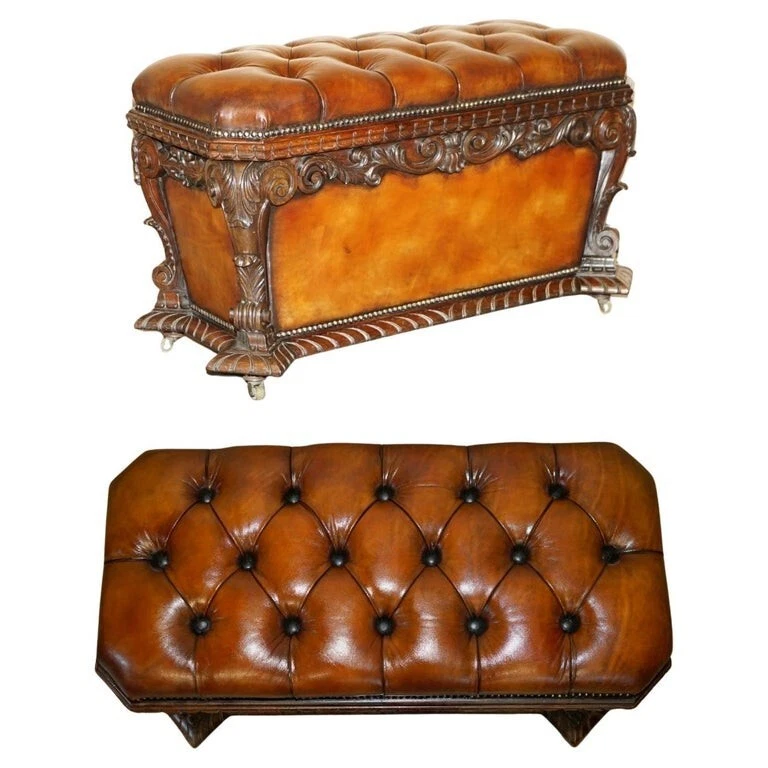 IMPORTANTE TABURETE OTOMANO CHESTERFIELD CUERO PALISANDRO 1830 ANTIGUO RESTAURADO Foto 1 de 4