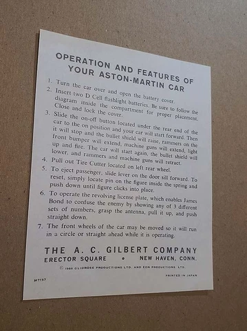 Gilbert James Bond 007 Aston Martin Instruction Sheet for Battery Op. Toy 1965 Cover