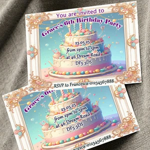 Personalised Cake Birthday Party Invitations Girls Party Invites A6 Girls x10 - Picture 1 of 4
