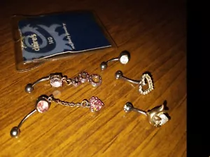 5 Belly Barbells 14G ~ 2 Pink Dangles, Dolphin, Crystal Heart, & Clear Crystal - Picture 1 of 23